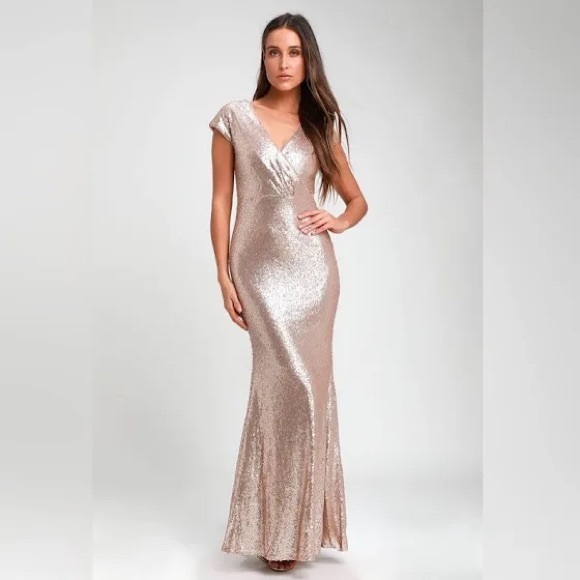 Lulu’s Floor Length Gold Sequin Dress - Picture 5 of 8